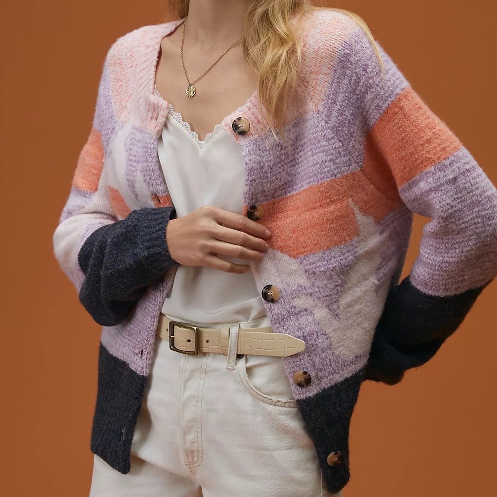Maeve Anthropologie Womens Birdie Bird Striped Whimsical Cardigan Sweater Size M